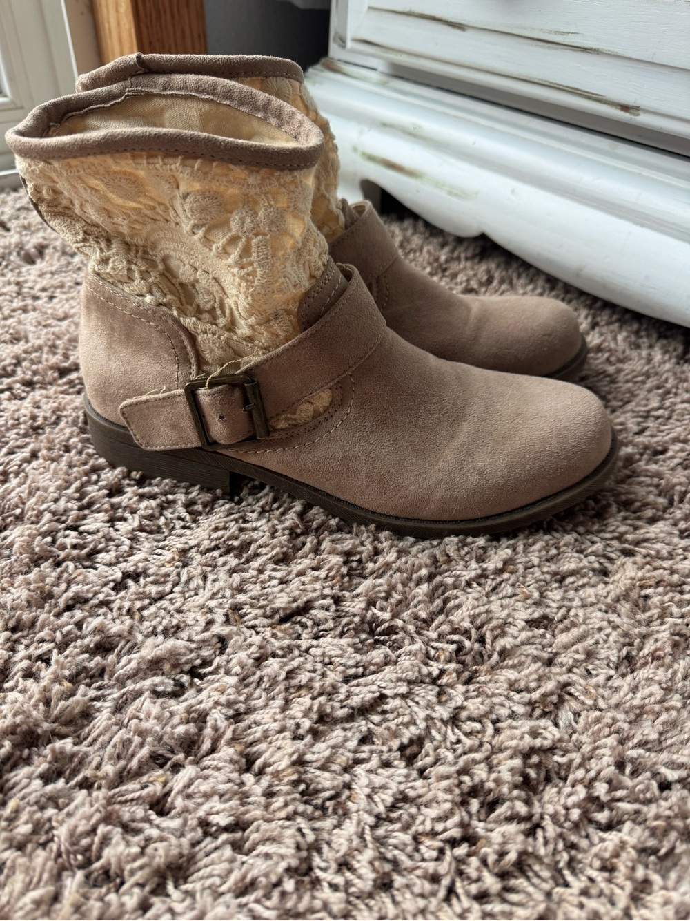 Mudd Taupe Suede-Look Ankle Booties with Lace Shaft